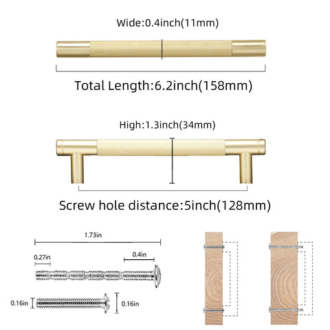 Diagram of 10 Pack 5 Inch Brushed Brass Knurled Cabinet Handles for Kitchen Cabinets with dimensions.
