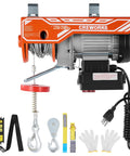 CREWORKS 2500lb electric hoist with remote control, orange housing, includes lifting slings, hooks and gloves.