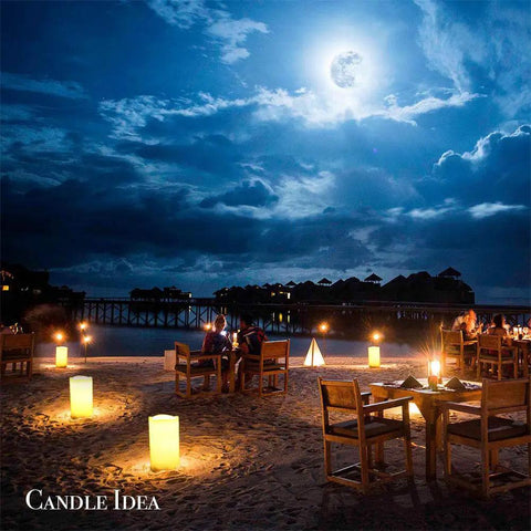 Beachside dining with Set Of 3 Waterproof LED Flameless Pillar Candles With Timers For Outdoor Vibe 4 Inch 5 Inch And 6 Inch Tall