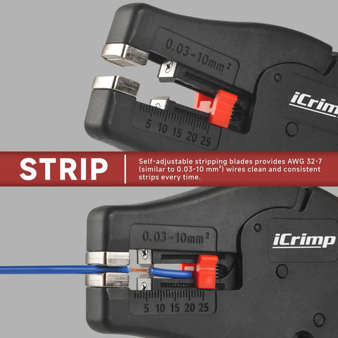 Automatic Wire Stripper With Built In Cutter For AWG 32 To 7 0.03-10 Mm2 showing self-adjustable stripping blades in use