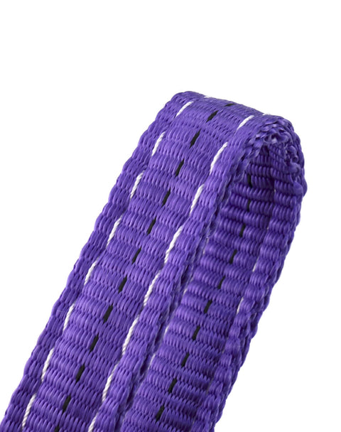 Close-up of purple polyester webbing strap from Beefy Heavy Duty Lifting Slings With Hooks 5 Ft 2 Pack Polyester Webbing Rigging Straps 4,409 Lb Capacity Purple For Engines Cranes Hoists And Other Heavy Lifts.