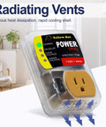Close-up of 110V surge protector with vents, gold outlet, and black switch, designed for home appliance protection against voltage spikes.