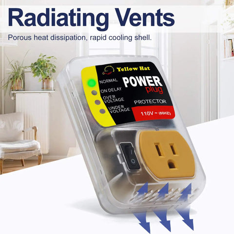 Close-up of 110V surge protector with vents, gold outlet, and black switch, designed for home appliance protection against voltage spikes.