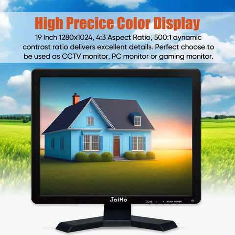 Big 19 Inch CCTV Security Monitor With No Image Stretch For NVR displaying a house image in vivid color, metal housing, HDMI, VGA inputs