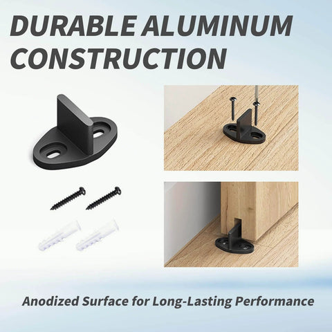 4 Pack Black Floor Guides For Sliding Barn Door Hardware T Shape Floor Mounted Bottom Track Guides showing installation process.