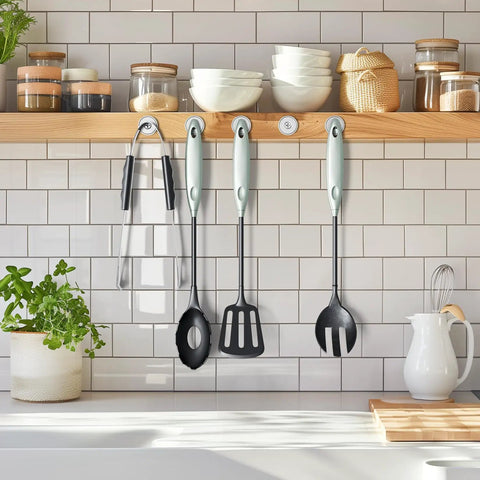 Kitchen utensils hanging on a wall using 10 Pack 70 Lbs Neodymium Cup Magnets With Countersunk Holes For Secure Tool Holding And Wall Mounting