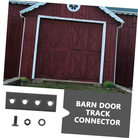 Image showing a red barn with a split barn door, alongside a Black Metal Barn Door Track Connector Set For Sliding Barn Door Hardware.