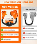 Image comparing new and old versions of a 30 Amp To 50 Amp RV Adapter With Built In Circuit Breaker Not For EVs TT30P To 1450R LED Power Indicator
