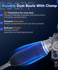 Close-up of hydraulic power steering rack and pinion assembly with durable dust boots highlighted in blue details.