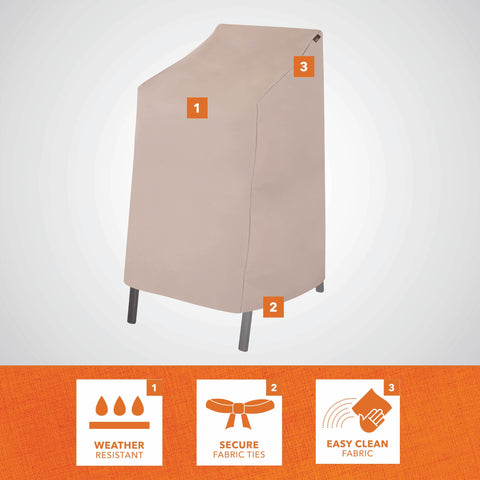 Weather-Resistant Patio Chair Cover For Stackable High-Back Bar Chairs, showcasing weatherproof beige material, high-back fit.