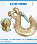 2 Pack 3/8 Inch Clevis Grab Hooks G70 Steel Chain Slip Hook With Safety Latch, heavy-duty forged steel, 18000 lbs capacity