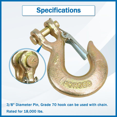 2 Pack 3/8 Inch Clevis Grab Hooks G70 Steel Chain Slip Hook With Safety Latch, heavy-duty forged steel, 18000 lbs capacity