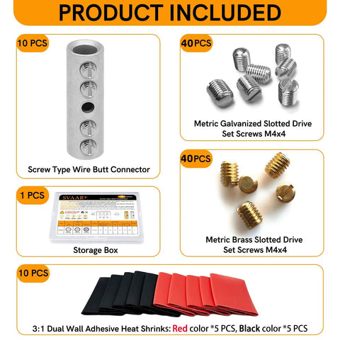 Top Shelf 12 To 10 Awg Screw Style Wire Butt Connectors And Mechanical Splice Kit Packaged With Thick Dual Wall Heat Shrink Tubes For Hassle Free Auto Work components showing connectors, screws, and heat shrinks.