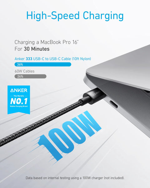 Anker USB-C to USB-C charging cable, 10 ft nylon-braided, 100W, black, connected to a MacBook Pro 16-inch