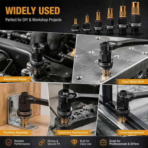 Rivet Nut Tool Set M3 Through M12 Mandrels Carbon Steel Construction Black Finish Heavy Duty Rivet Nut Kit For Auto Motorcycle And Workshop Repairs Reusable Mandrels Two Set, mandrels shown for automotive and sheet metal work