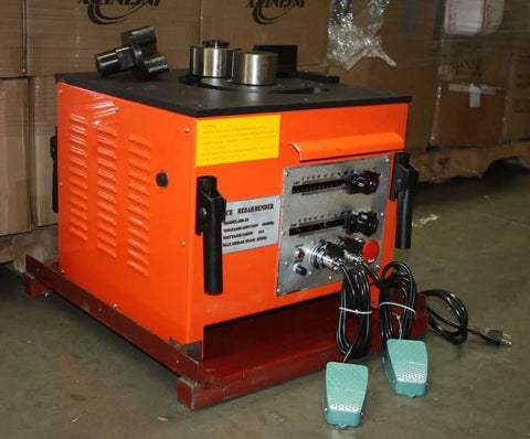 Rock Solid 25mm Electric Rebar Bender Equipped With Dual Foot Switches, showcasing vibrant orange unit for bending one inch steel.