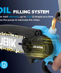 Close-up of oil filling system for Cordless Chainsaw Kit With 8 Inch And 6 Inch Blades, Battery Powered Handheld Tree Saw For Branch Pruning And Gardening.