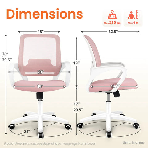 Pastel Pink Ergonomic Mesh Office Chair With Lumbar Support dimensions illustration, showing adjustable height and breathable back.
