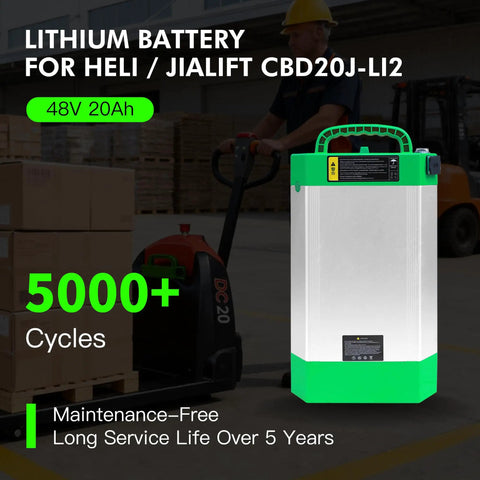 Durable 48V 20Ah Lithium Ion Forklift Battery Upgrade For Electric Pallet Jack showing power cell design and green accents.