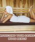 Waterproof Sauna Seat Cushion Mat 43x16 Inches Brown, Heat Resistant High Density Foam Pad For Infrared Saunas, shown in use.