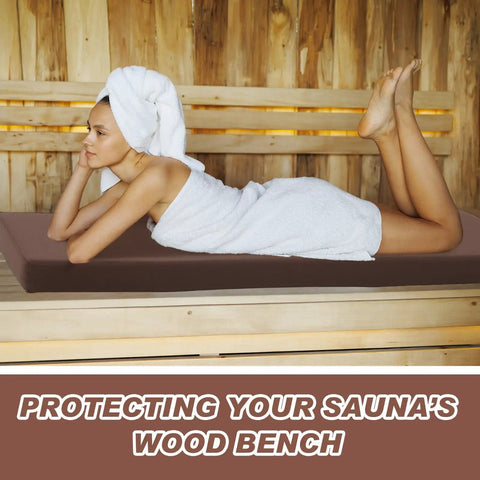 Waterproof Sauna Seat Cushion Mat 43x16 Inches Brown, Heat Resistant High Density Foam Pad For Infrared Saunas, shown in use.
