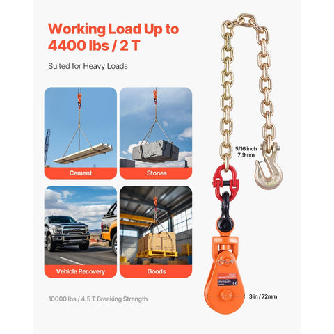 2-Ton Snatch Block With G80 Chain And Swivel Shackle 3 Inch Sheave For 3/8 Inch Wire Rope Heavy Duty Tow Truck Recovery Pulley For Flatbeds