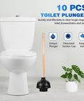 Heavy Duty Wood Handle Black Toilet Plungers Bulk Pack Of 10 Built Tough Rubber Cups To Kick Stubborn Drain Clogs Loose Quick Bathroom Rescue For Your Household Heavy Hitters Ready To Get The Job Done next to toilet in bathroom setting.