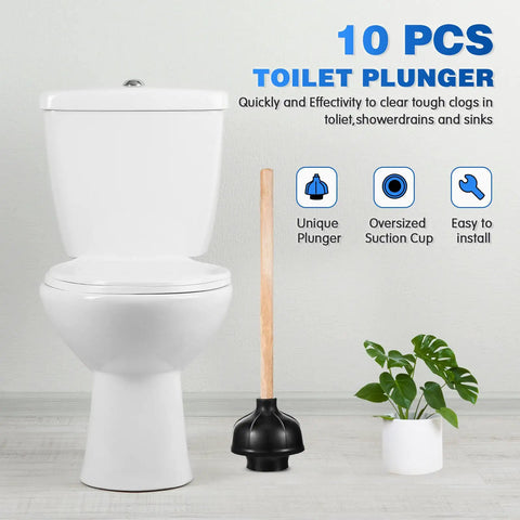 Heavy Duty Wood Handle Black Toilet Plungers Bulk Pack Of 10 Built Tough Rubber Cups To Kick Stubborn Drain Clogs Loose Quick Bathroom Rescue For Your Household Heavy Hitters Ready To Get The Job Done next to toilet in bathroom setting.
