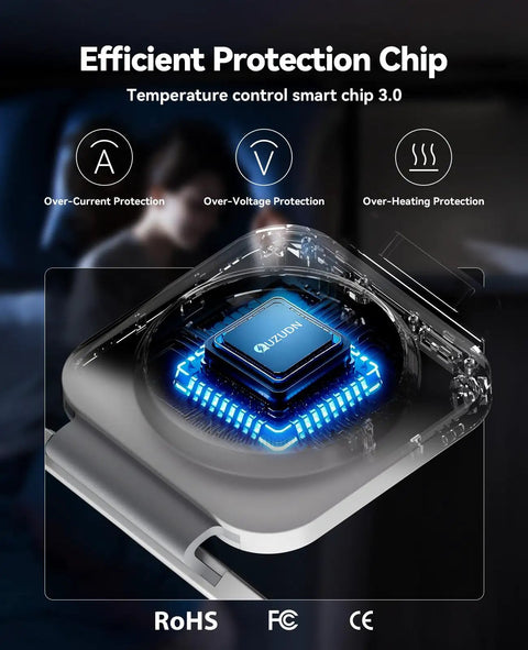 Protection chip close-up in 3 In 1 Magnetic Fast Wireless Charger Dock For iPhone 17 16 15 14 13 12 Pro Max Plus, Watch Series And AirPods Pro 4/3/2, showing over-current, over-voltage, and over-heating symbols, highlighting foldable travel charging pad feature.