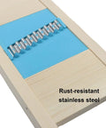 Aoserge 2 Pcs Wave Waffle Crinkle Cutter Set; rust-resistant stainless blades, blue base in wooden frame (close-up)