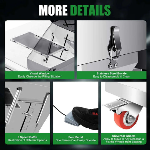 Visual details of Heavy Duty Stainless Steel Automatic Filling Machine, showing visual window, buckle, baffle, foot pedal, and wheels.