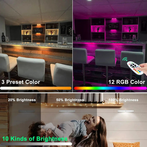 Rechargeable Wireless Under Cabinet Lighting With Remote, 15 Color Changing RGB Light Bar, 6 Pack illuminated in various modes.