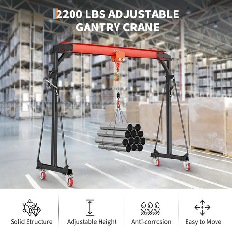 Heavy Duty 2200 Lbs Gantry Crane With 8 To 12 Ft Adjustable Height Solid Workshop Hoist And Full Manual Trolley Kit For Garage Or Shop Handling Massive Loads Without Breaking A Sweat lifting steel pipes in warehouse.