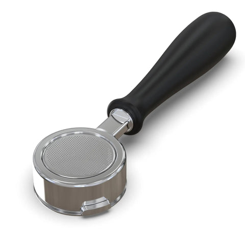 Bottomless Portafilter For Silvia 58mm E61 3 Cup Naked Version 3 With 21g Basket Ergonomic Handle shown at angle for home baristas