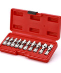 Three Eighths Inch Drive Universal Joint Socket Set, 6 Point Metric Flex Sockets in open red case, Chrome Vanadium Steel, 10-Piece Set
