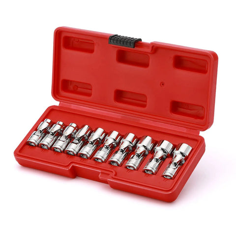 Three Eighths Inch Drive Universal Joint Socket Set, 6 Point Metric Flex Sockets in open red case, Chrome Vanadium Steel, 10-Piece Set