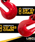Close-up of red hooks compatible with 3/8" G7 and 1/2" G43 chains for Five Pack Heavy Duty Ratchet Chain Binders With 9200 Lbs WLL