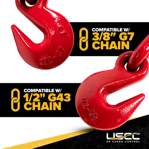 Close-up of red hooks compatible with 3/8" G7 and 1/2" G43 chains for Five Pack Heavy Duty Ratchet Chain Binders With 9200 Lbs WLL