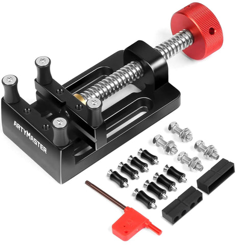 Mini Drill Press Vise With Rubber Soft Jaws, 0-2.48 Inch Clamping Range, showing aluminum vise, screws, and components.