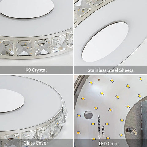 14 Inch Modern Ceiling Light Flush Mount With Crystal K9 Glass LED Dimmable Chandelier details; crystals, steel, LED chips