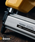 Close-up of Badass Cordless Nail Gun And Narrow Crown Stapler With All Copper Motor positioned on wooden surface.