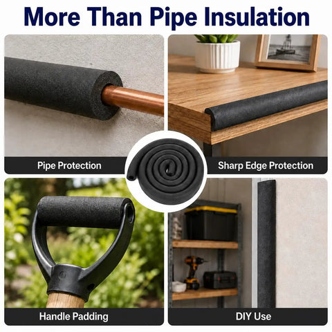 Hella Tough Three Quarter Inch Inner Diameter Foam Pipe Insulation Sleeve For Air Conditioning Hvac Lines showing pipe and sharp edge protection.