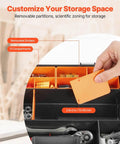 Person adjusting divider in 3-Pack Small Parts Organizer Case Set With 21 Compartments, showing removable dividers and compartment size.