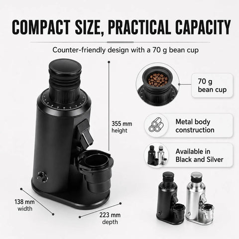 Top Shelf Commercial Espresso Grinder With 80mm Stainless Steel Flat Burrs Adjustable Speed Dial Single Dose Hopper And Portafilter Mount, features 70g bean cup, metal construction.