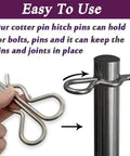 Heavy Duty Hitch Pin Clip Set 15 Pcs For Trailers Tractors Mowers Carts And Trucks Stainless Steel Cotter Pins R Clips M3x60mm with strong spring tension showing clip installation