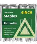 Heavy Duty 6 Inch Galvanized Landscape Staples For Barrier Fabric And Tent Anchors, 11 Gauge Garden Stakes shown in green packaging