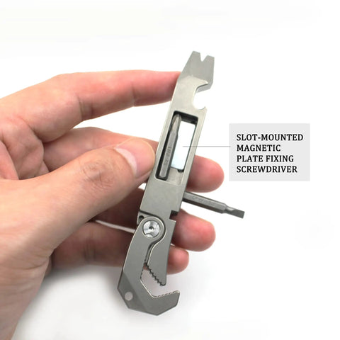 EDC Titanium Multitool Pry Bar with Pocket Clip Mighty Bar Packs Wrench, Screwdriver, Nail Puller, in hand view.