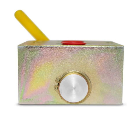 Front view of a rectangular metal manual hydraulic valve with a yellow lever and silver circular knob