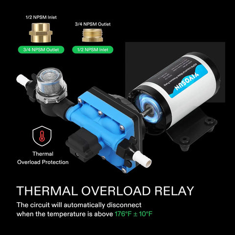 Water Pressure Pump With 70 PSI Diaphragm, 5.5 GPM 110V High Flow Workhorse, Half Inch and Three Quarter Inch Adapters