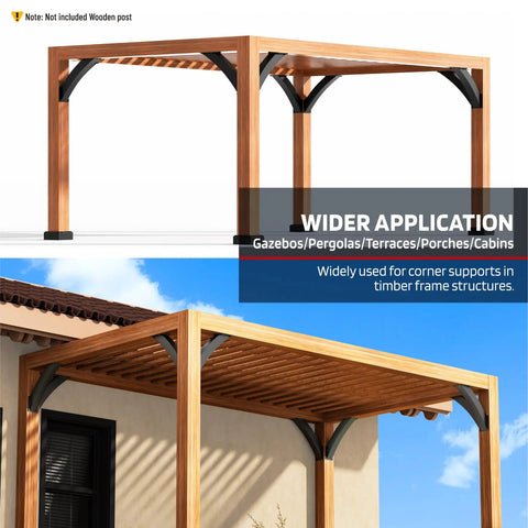 Installed Heavy Duty 4 Pack Pergola Brackets For Wood Support, 4 By 4 Inch, 45 Degree Arc Angle, Q235 Steel One Piece Forged, Weather Resistant